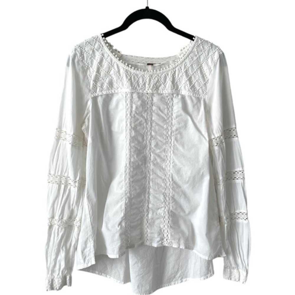 Free People Long Sleeve Beaded High Low Peasant Top White XS